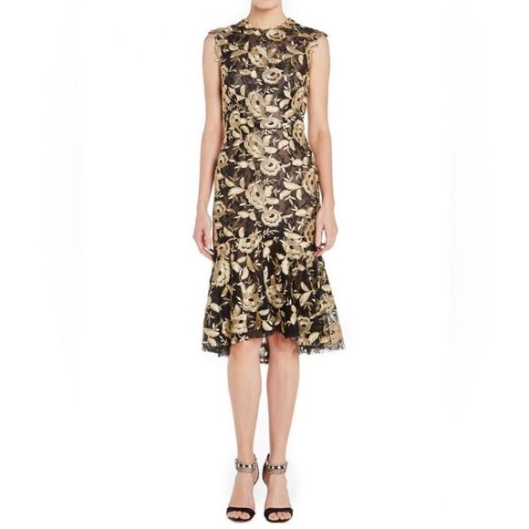 New With Tags Monique Lhuillier Noir Gold Embroidered Dress with Ruffle. Size 4 - Picture 1 of 16